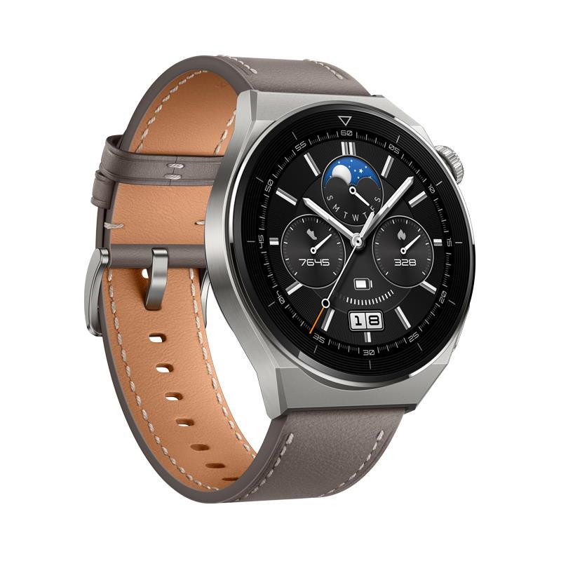 Hodinky Huawei Watch GT 3 Pro 46mm s titanovým tělem a šedým koženým řemínkem